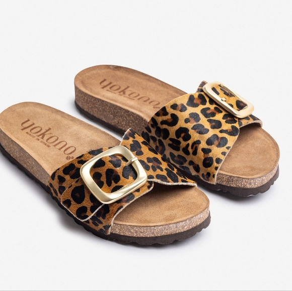 Yokono Calf Hair Leopard Print Jerba Slides Cork Sandals Shoes Womens Size 8 - Picture 1 of 8